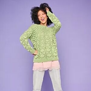 LOGO by Lori Goldstein Boat Neck Crocheted Green Sweater